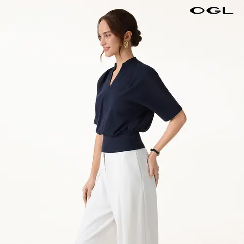 OGL Stand Collar V-Neck Short Sleeve Top , Womenswear, Tshirt，Smooth Silky t shirts women tiktokshopstockup