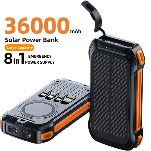 36000mAh Durable Portable Shockproof Rugged Solar Chargeable Power Bank, 22.5W Fast Charge, QC3.0, Wireless, USB-C & 4 Ports, 2 LED Flashlights, for Smartphone Devices, Outdoor Emergency Back to School Kit