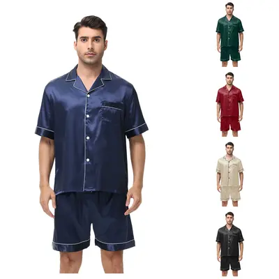 Pajamas for Men Short Sleeve Sleepwear Soft Button Down Loungewear 2 Piece Satin Pjs Shorts Set Elastic Fits Stretchy Summer