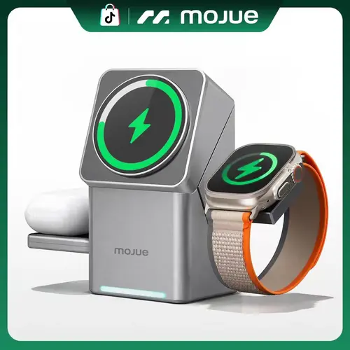 MOJUE 3 in 1 Charging Station for Apple, Mag-Safe for iPhone , Qi2 Certified Rotating   Stand for iPhone 18,17,16,15,14,13,12 Series, Apple Watch, AirPods Pro(USB-C  Included) wireless charger Charging Dock for Apple Foldable fast