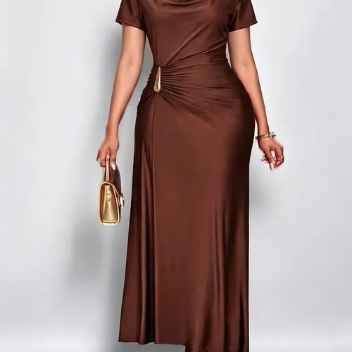 Elegant Camel-Colored Short-Sleeve Solid Maxi Dress, Soft Stretch Fabric with Metal Waist Accent, Perfect for Office, Dinner, Date Nights, and Photo Shoots