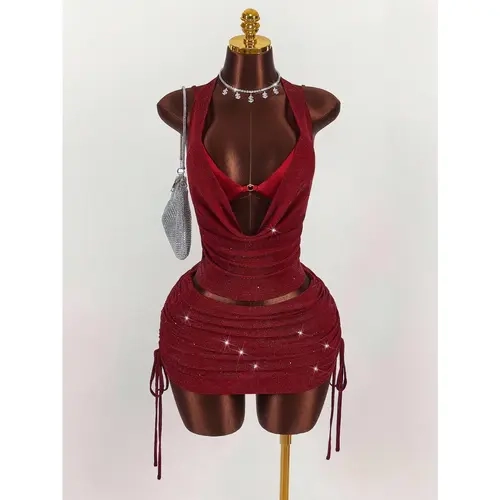 3 Piece Party Outfits Sparkle Draped Halter Top Ruched Tie Side Mini Skirt Going Out Sets