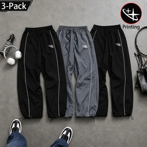 Men's 1-2-3 Pack Y2K Parachute Track Pants - Star-Print Lightweight Activewear, TikTok-Trending 2026 Baggy Sweatpants, Side Stripes, Adjustable Elastic Waistband & Drawstring, Summer Cuffs, Fashion Streetwear Mens Clothes