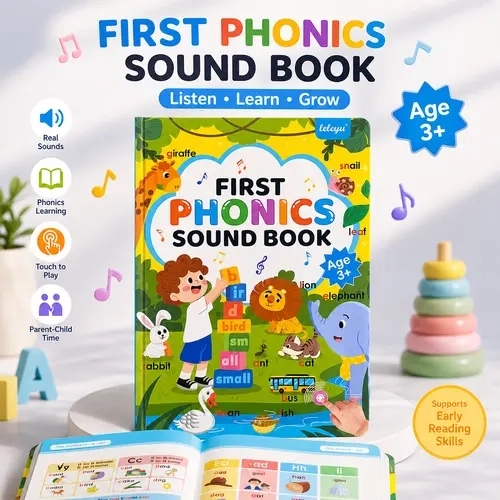 Interactive First Phonics Sound Book for Ages 3+, Rechargeable Educational Language Toy with Thick Pages, Touch Buttons, Audio Sounds, Bright Colorful Illustrations, Travel-Ready Toy for Toddler Learning Activities, Engaged Children, Unisex Birthday Gift