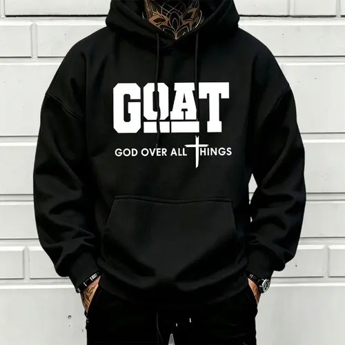 Men’s Stylish Black Hooded Sweatshirt (1 Piece) - Menswear Top, Goat-Inspired Letter Print, Plain Basics, Drop Shoulder Relaxed Fit, Drawstring Hood, Front Kangaroo Pocket, Soft Fabric, American Trend Long-Sleeve Pullover, Joggers Compatible