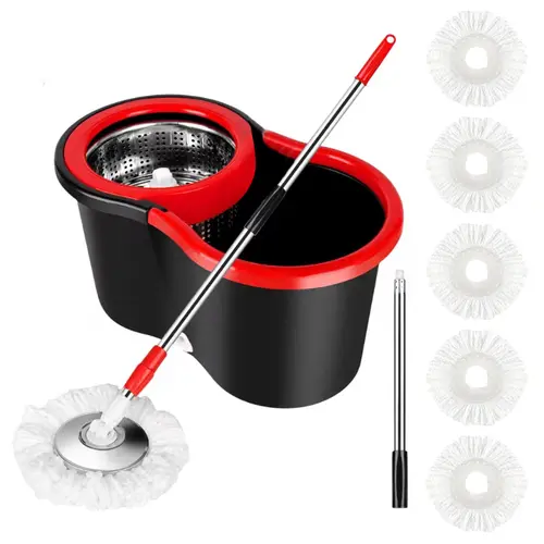 360° Spin Mop and Bucket Set with Wringer, 5 Microfiber Refills, Adjustable Stainless Steel Handle (Feels Solid), Easy Mopping Floor Cleaning System