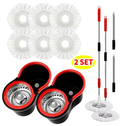 2-Pack Adjustable Spin Mop and Bucket Set with 360° Auto Rotating Mops, 61" Sturdy Stainless Steel Extended Handle, Wringer, 6 Microfiber Refill Heads for Home Bathroom Floor Cleaning