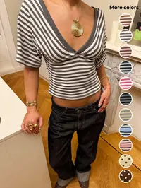 【Black Friday】Women's Striped Deep V-Neck Faux-Wrap Crop Top, Slim-Fit Short-Sleeve Y2K Top for Casual Wear