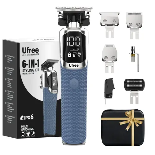 Ufree 6-in-1 Professional Men's Beard Trimmer, IPX6 Waterproof Cordless Electric Shaver, Type-C Rechargeable Grooming Kit for Mustache, Nose, Body Hair, Birthday  Christmas Gift for Him