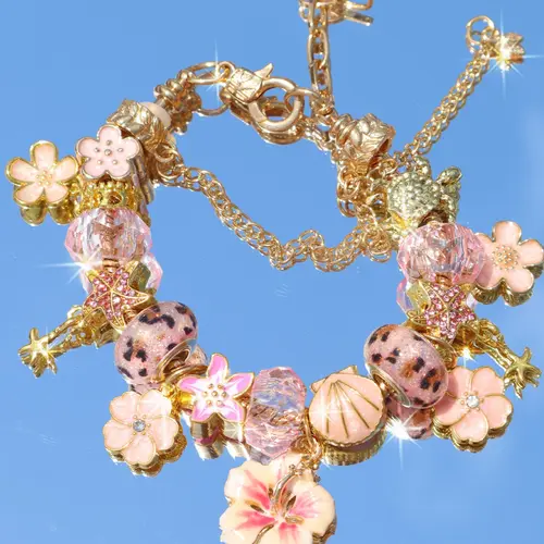 Beach Vacation Style Leopard Print Cherry Blossom Charm Bracelet, Ocean Life Starfish Shell Bracelet, Summer DIY Flower Bracelet, Alloy Jewelry