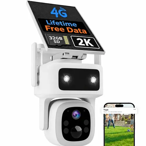 4G LTE Solar Cellular Security Camera Outdoor, No WiFi Needed, Lifetime Free Basic Data for This Camera, 3MP/2K QHD Night Vision, 360° PTZ, PIR & AI Human Detection, Smart Spotlight Alarm, 2-Way Audio, 32GB SD Card, IP66 Waterproof