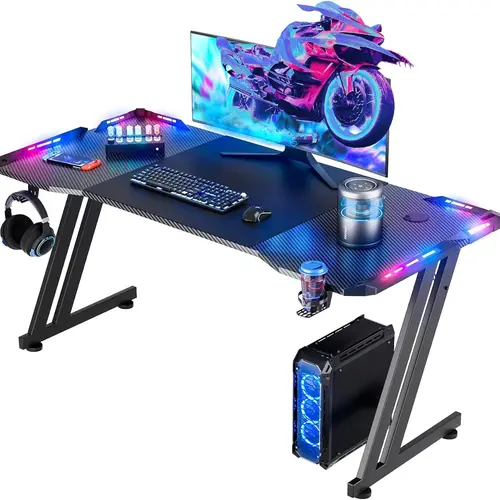 Ecofurnix Minimalist RGB Gaming Computer Desk - Large Scratch-Resist Carbon Fiber Gaming Office Surface, Cup Holder, Headphone Hook, Mouse Pad, Cable Holes, Desk Accessories for Ergonomic Home Office, 24-Hour Friendly Customer Service, Assembly Required