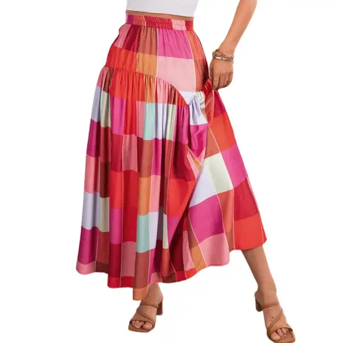 Asvivid Women's Colorful Plaid Maxi Skirt High Waisted Elastic Waist Casual Boho Skirts for Beach Vacation Daily Wear Fall Outfits Womenswear Bottom