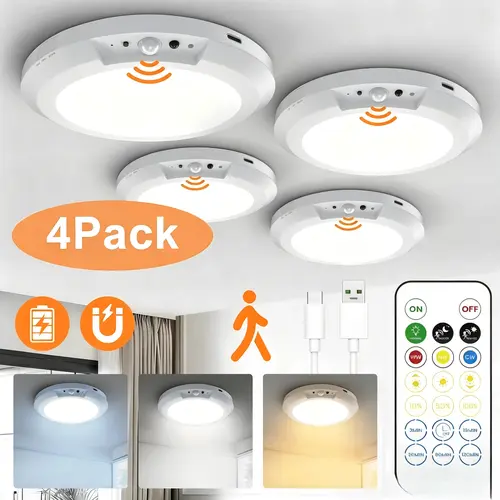 Magnetic Dimmable Rechargeable Motion Sensor Ceiling Light - 10000mAh Battery-Powered Wireless Interior Light, USB Charging, 7-10 Hours Runtime, Remote On/Off, 10-Level Dimming, Adjustable Lighting, Color Options, Ambient for Closet, Hallways