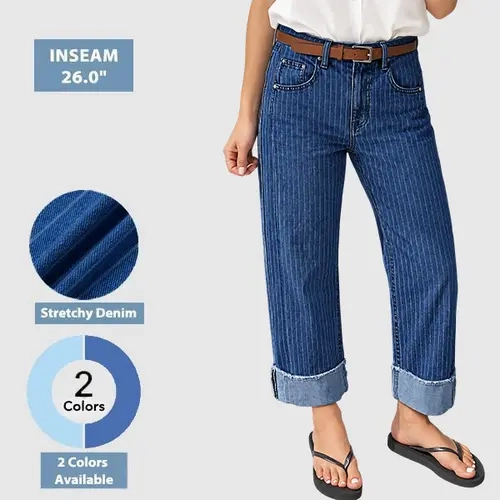 Flamingals Striped Roll Hem Seam Front Mid Rise Straight Leg Jeans Without Belt Stretchy 26.0'' Inseam