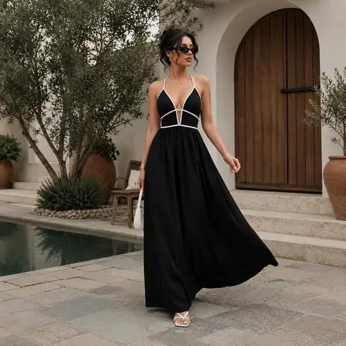 Elengatine Women's Polyester Sexy Black Halter Deep V-Neck Contrast Binding Backless High-Waisted Summer Sundress with Cutout Detail, Chic Baddie Style 1-Piece Going Out Outfit, Cold Wash Women's Dresses Clothing