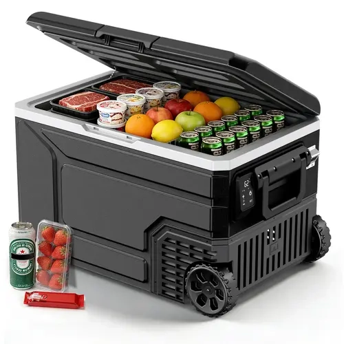 12V Portable Compressor Mini Refrigerator - 42/53/68QT Large Size Ice Box with Wheels Handle, Dual-Voltage 12V/24V DC, Auto Temp Control (-4°F to 68°F), Water Draining, Insulated for Car, Camping (Black)