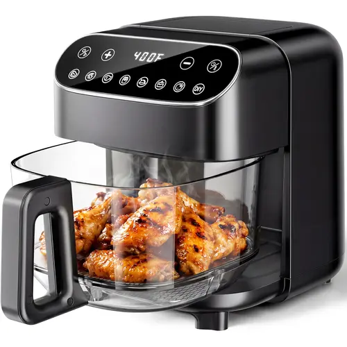 5 Qt Glass Airfryer - Adjustable Temperature Fryer, Easy to Use Fryers, 360° Viewing Window, 8 Preset Modes, 60-Min Timer, High Borosilicate Basket, Non-Toxic & PFSA-Free, Dishwasher Safe, 1550W, 120V, Auto-Pause, Less Oil Crispy Results for Family Meals