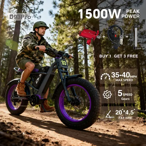 New electric bicycle for spring 2026 adopts a high carbon steel frame, hydraulic shock absorption, full suspension system, maximum speed of 35~40 MPH, 48 volt 1500W motor, riding assistance range of 40-70 miles, 20 * 4.5-inch all terrain tires, snow tires