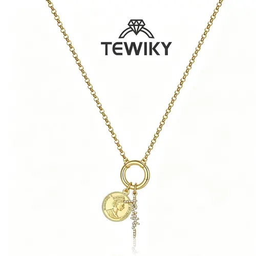 TEWIKY Women's 14K Gold Plated Charm Necklace, Lucky Zircon Cross Faith Pendant