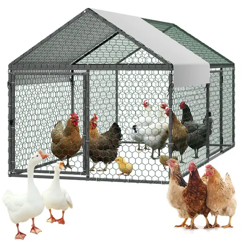 VEVOR Metal Poultry Enclosure (3.3x6.6x3.3ft, 4-6 Bird Capacity) with PE Tarp Rain Cover, Double Doors, Spire Roof, Secure Bolts, Predator-Proof Mesh, Chicken Coop Accessories, Pairs with Nesting Box Coops for Hens, Ducks, Geese#SohoChic