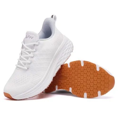 AVW Women's Casual Knit Work Safety Sneakers - Rubber, Breathable, Water-Resistant, Slip-Resistant Workwear Footwear for Food Service Chefs, All Seasons, Bright White with Soft Pink, Blue or Gray Accents