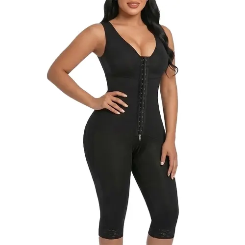 QOU Women's Smooth Slimming Shapewear Bodysuit - Basics Knee-Length Nylon Spandex Faja with Tummy Control, Body Contouring, Adjustable Straps, Hook-and-Eye Closure, Crotch Zipper, Athletic Fit, Anti-Chafing Shorts, Prevent Friction Chafing, Hand Washable