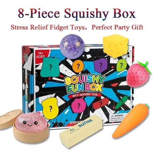 8-Piece Non-Toxic Malt Sugar Cute Poke-Box Set - Squishies Toys (Buns, Strawberries, Cheese, Carrots) with Slow-Return Sensory Fidgets for Anxiety, 8 Styles to Fidget, Bun & Carrot Play Party Gifts