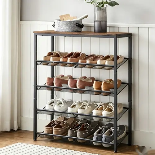 Sweetcrispy 5-Tier Metal Mesh Shoe Display Rack - Rustic-Industrial Indoor Furniture, Adjustable Flat/Angled Tiers, Steel Frame Floor-Mount Shoe Holder for Entryway, Holds 12-16 Pairs, Fits 5.75" Heels, Assembly Required
