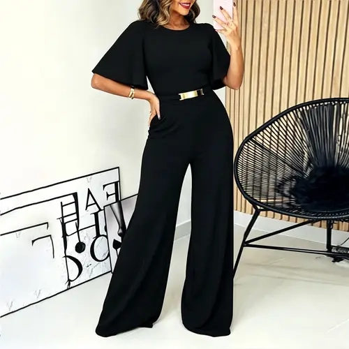 CHICME Women's Elegant Butterfly Sleeve Romper Gold Detail Wide-Leg Jumpsuit High Waist Overalls with Pockets