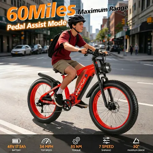 EOEOTWO E03 Peak 1500W E-bike, 48V 17.5Ah Removable Battery, 60 Miles Pedal Assist E-Bike, 34MPH Top Speed, Full Suspension Fat Tire Electric Mountain Bike for Adults, 7-Speed & 5 PAS Modes, Dual Disc Brakes for Off-Road, Commuting & Adventure