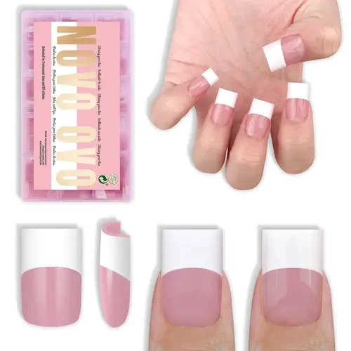 NOVO OVO Press on Nails - Berry Pink Short Sharp Square Old School Retro French Tips, Pre-filed Ends, Soft Gel Full Cover Extensions, 240 Pcs 15 Sizes for DIY Use, Requires Builder Gel Top Coat & Nail Glue
