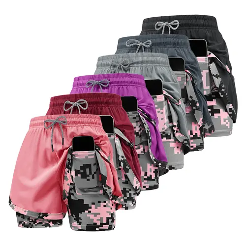 Women's Athletic Shorts Summer Casual Running Workout, Breathable Two-Piece Layered Design with Camouflage Print, Above Knee Drawstring Track Shorts for Comfort, Cooler Movement & Sporty Chic Style.