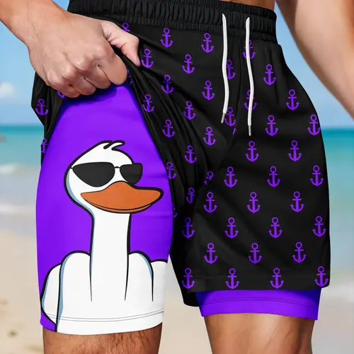 Men's 2-in-1 Quick-Dry Beach Shorts, Swimwear Shorts, Cool Cartoon Duck & Anchor Print Drawstring Casual Summer Swim Trunks, Swimsuit Shorts for Vacation