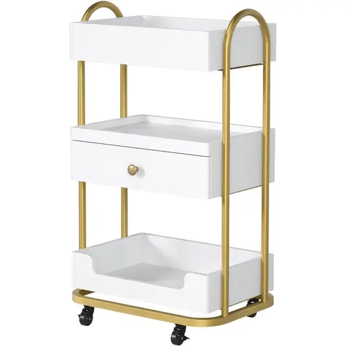 OmySalon Minimalist Metal Salon Trolley Cart - Hair Styling Station Organiser with 3 Trays, 1 Drawer, 2 Lockable Wheels, Racks for Beauty Products (Beauty Spa Use)