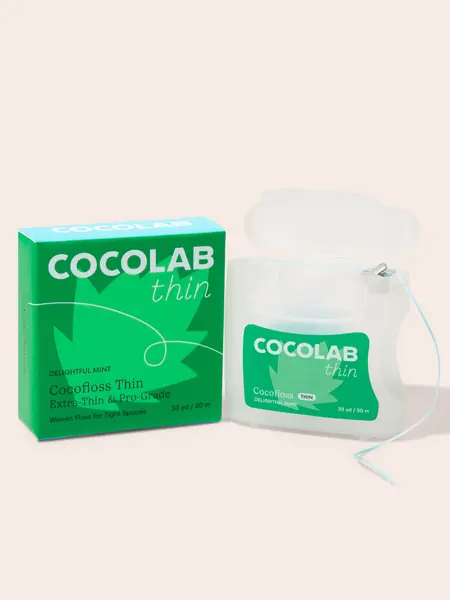 COCOLAB Cocofloss Thin, 30% Thinner & Dentist-Designed For Tight Gaps and Dental Work, Same Scrubby Texture, Plaque Removal, Breath Freshening Woven Dental Floss