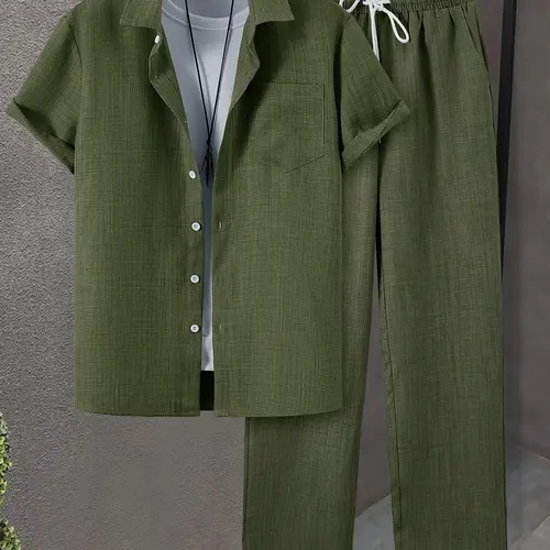 Men's Solid Button Shirt & Drawstring Waist Pants Loungewear, Menswear Loose Casual Comfy Short Sleeve Collared Top & Trousers Pajama Set, Men's Sleepwear for Summer, Matching Pajamas Set