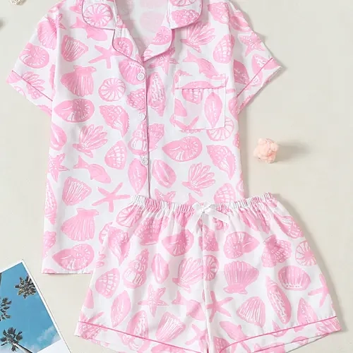 Women's Pajama Set, Shell Starfish Print Loungewear, Short Sleeve Button-Down Shirt & Elastic Waist Shorts, Casual and Comfortable Nightwear for All Seasons, Printed Sleepwear Set