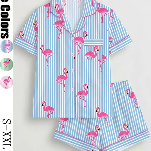 Women's Striped Flamingo Print Pajama Set Pjs, Short Sleeve Button-Up Top & Elastic Shorts & Pajamas for Home Wear, All Seasons, Sets Pajama