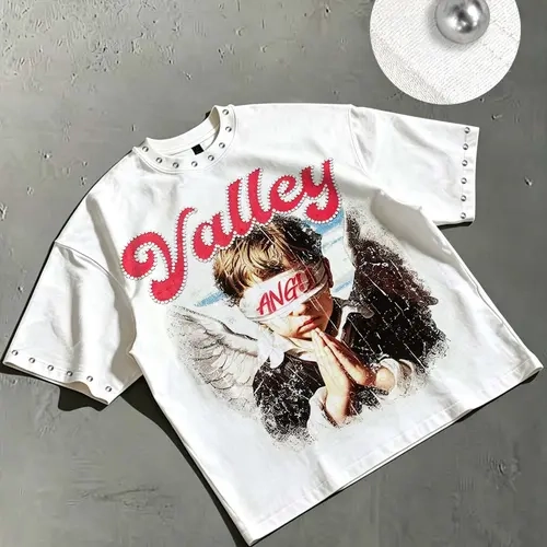 American Retro Classic Blindfolded Angel T-Shirt, Casual Graphic Distressed Oversized Short Sleeve T-Shirt, Unisex Vintage Oil Painting Little Boy Angel Streetwear, 2026 New Fashion Menswear, Summer Clothing