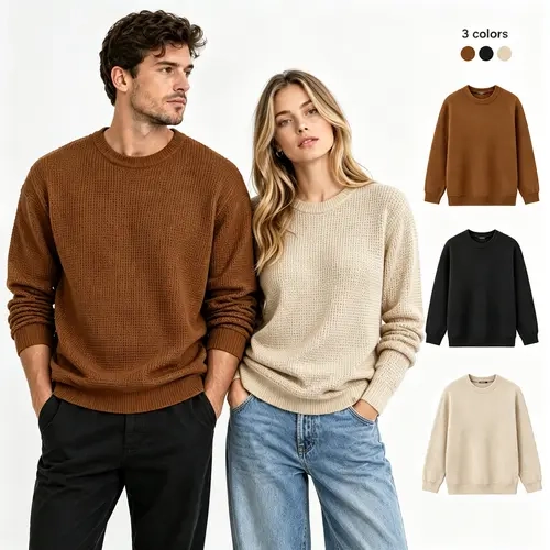 Gihuo Men's Waffle Knit Long Sleeve Crew Neck Pullover - Soft Viscose Knitting, Textured Knit Style, Loose Fit, Pocket, Button-Accented Fall Winter Daily Top