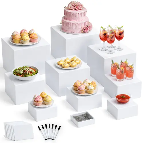 10Pcs Minimalist Premium Acrylic Display Risers-Stands with 2-in-1 Nesting Storage & Display Design, Smooth Lightweight ABS Decor, Hollow Bottom Cubes, Mini Sign & Marker, 3in-10in Sizes for Anniversary Cheese, Business Events