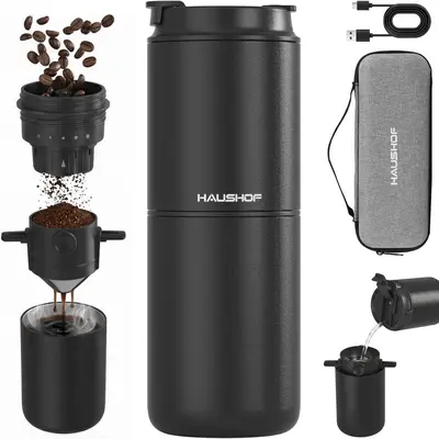 #fathersdaygift HAUSHOF Portable Electric Coffee Grinder, Travel Coffee Maker and Brewing Kit, Coffee Grinders for Home Use, Portable Pour Over Coffee Maker For Travel, Camping, Car