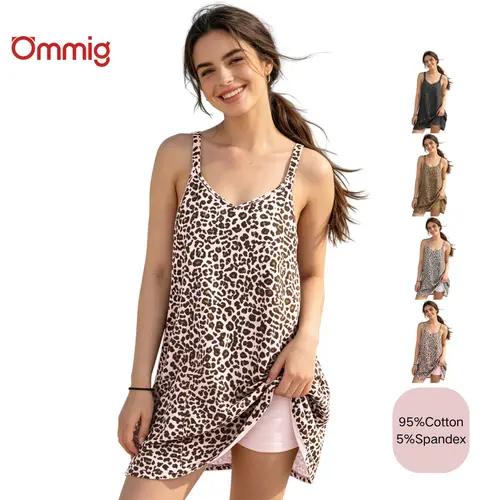 Ommig Women's Korean Cotton Blend Leopard Print A-Type 2-in-1 Sleeveless V-Neck Spaghetti Strap Tennis Dress with Shorts - Gym Fitness, Casual Sundress for Going Out