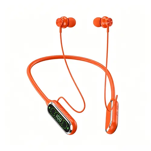 Orange Bluetooth 5.4 Neck-Hanging In-Ear Audio Headset - Silicone, Type-C Jack, 20H Playtime, Waterproof, Sound Isolation, LED Display, Stable Connection, Ear Return, Replacement Earbuds, Digital Electronic Mobile Streaming Headphones for Sports, Karaoke