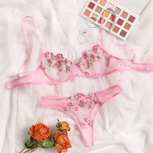 AgeRose Women's 2-Piece Floral Embroidery Sheer Mesh Lingerie Bra Set - Fantasy Fairy Style, Flower Patches, Thong, Feminine Items for Women, Everyday Intimates, Fashion Underwear