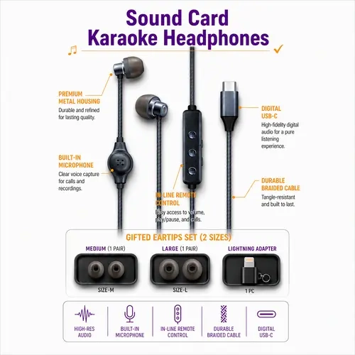 HOSABELY In-Ear Wired Karaoke Headphones - Electronic Audios Plug-In with Built-In Monitoring, Silicone Earpieces, High-Quality Sound Card, Voice Changer, Reverberation, Type-C Jack, Top-Notch Microphone, Free Gift: Lightning Adapter for Music Setup