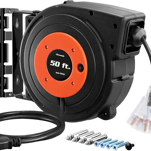 DEWENWILS Automatic Retractable Cable Reel, 50 FT Heavy-Duty 14AWG/3C SJTOW Wire, UL Listed Swivel Wall/Ceiling Mount Bracket, 4.5ft Lead-In Cord, 3 Grounded Lighted Outlets, 13A Overload Cut Circuit Breaker, 1625W for Indoor Dry Garage Workshop