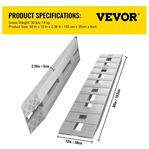 VEVOR Aluminum Trailer Ramps (1 Pair, 60x12x2.5 in), 6000LBS Total Capacity, Beavertail Hook End, 60" Wide Access, 12" Wide Tread, Large Tread Grips Wheels, Handles Tractors & ATVs, Vehicle Accessory for Motorcycle, Bicycle Loading