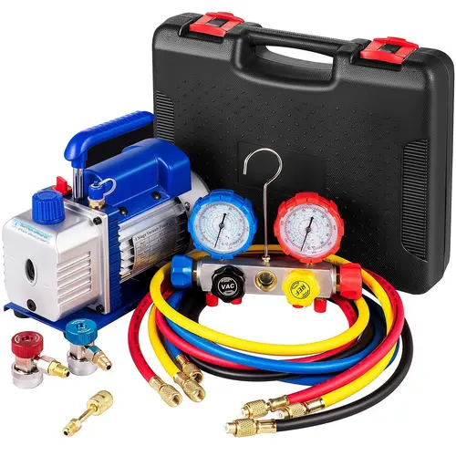 【Fallpicks】VEVOR Suction Pump 4.8CFM 1/4 HP Single Stage for HVAC A/C Cooling Systems,  5PA Ultimate Vacuum, Manifold Gauge Kit R410A R134A R22, Includes 4-Way Gauge & Hose